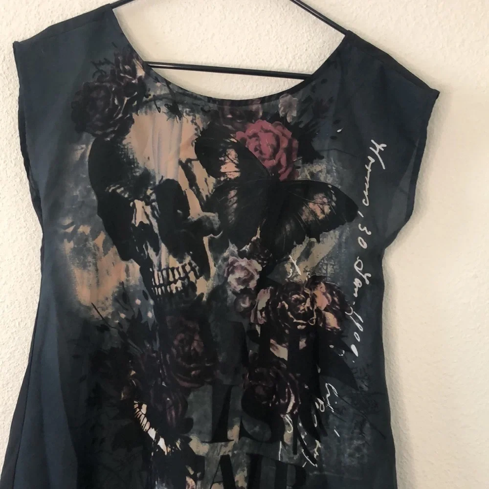 Skull print high low Gothic top M - Picture 3 of 6